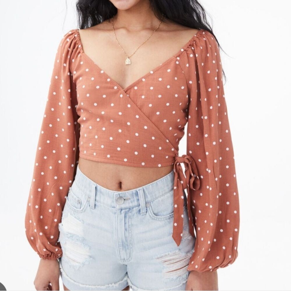 Aeropostale Long Sleeve Polka Dot Surplice Crop Top Size Small